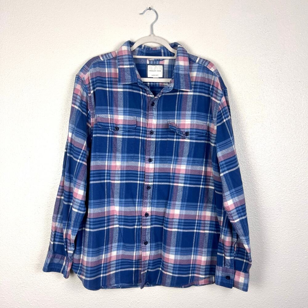 American Eagle Men's Super Soft Flannel‎ Button Down Shirt XXL Blue Pink Plaid